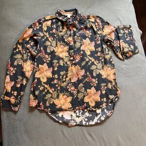 Sundance Floral Blouse Womens Size Small Black Half Button Long Sleeve Top